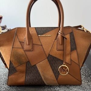 Michael Kors Patchwork Leather & Signature Tote Brown Tan Shoulder Bag